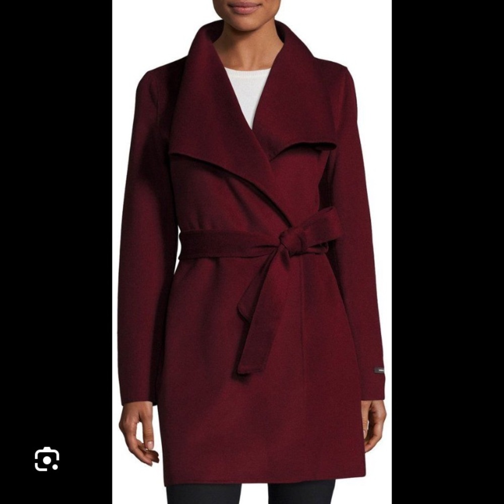 T TAHARI SOFT WOOL BURGUNDY BELTED WATERFALL COLLAR COAT SIZE SMALL UNWO…